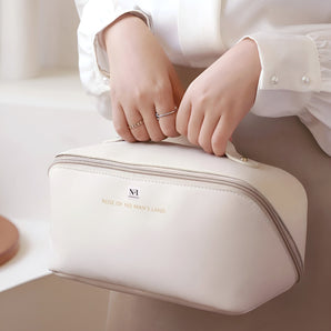 NFI essentials Cosmetic Travel Organizer Bag, Women's Makeup Pouch Toiletry Bag Portable Leather Wide Opening Cosmetics Bag with Handle and Divider