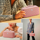 NFI essentials Cosmetic Travel Organizer Bag, Women's Makeup Pouch Toiletry Bag Portable Leather Wide Opening Cosmetics Bag with Handle and Divider - AYAHA ENTERPRISES PRIVATE LIMITED