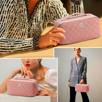 NFI essentials Cosmetic Travel Organizer Bag, Women's Makeup Pouch Toiletry Bag Portable Leather Wide Opening Cosmetics Bag with Handle and Divider - AYAHA ENTERPRISES PRIVATE LIMITED