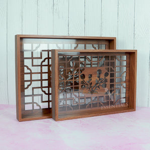 NFI essentials Set of 2 MDF Wooden Tray, Rectangle Enamel Coated Serving Trays for Breakfast, Snacks, (16x12 & 14x10 inch) Dinning Table Decorative Tray for Home & Kitchen