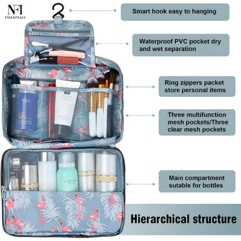 NFI essentials Hanging Travel Toiletry Bag with Sturdy Hook, Large Portable Makeup Cosmetic Pouch for Women & Mens, Foldable Stylish Make Up Vanity Kit Organiser for Girls - AYAHA ENTERPRISES PRIVATE LIMITED