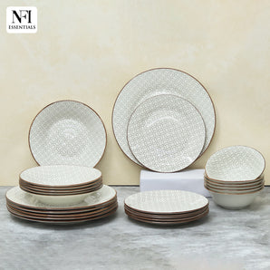 NFI essentials 24 pcs Ceramic Dinner Set for Dining Interlocking Pattern Microwave and Dishwasher Safe Crockery Set Quality Porcelain 6 Dinner Plates, 6 Quarter Plate, 6 Salad Plate & 6 Set Of Bowls