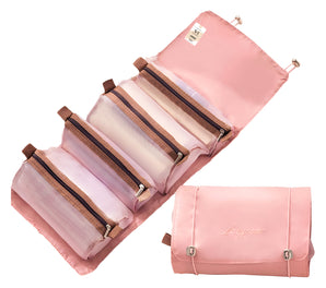 NFI essentials Cosmetic Pouch, Roll-Up Makeup Organizer Bag, Hanging Travel Toiletry Pouch, Foldable Cosmetic Bag with 4 Detachable Zippered Mesh Pouch