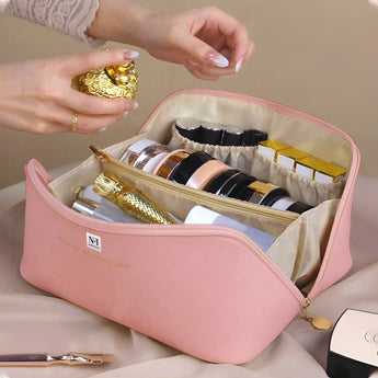 NFI essentials Cosmetic Travel Organizer Bag, Women's Makeup Pouch Toiletry Bag Portable Leather Wide Opening Cosmetics Bag with Handle and Divider - AYAHA ENTERPRISES PRIVATE LIMITED