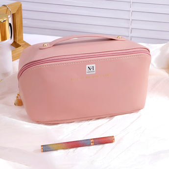 NFI essentials Cosmetic Travel Organizer Bag, Women's Makeup Pouch Toiletry Bag Portable Leather Wide Opening Cosmetics Bag with Handle and Divider - AYAHA ENTERPRISES PRIVATE LIMITED