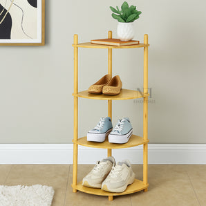 NFI essentials 4 Tier Bamboo Wood Shoe Rack MultiPurpose Foldable Rack for Storage Shoes Slipper Chappal Stand Shelf Organizer for Corner Home Kitchen Space Saving Portable Stand