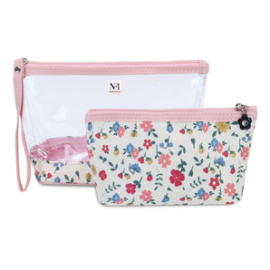 NFI essentials Set of 2 Flower Print Cosmetic Pouch Makeup Pouch Travel Organizer Toiletry Bag for Women Zippered Pouch Set with Handle, Large & Medium