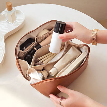 NFI essentials Cosmetic Travel Organizer Bag, Women's Makeup Pouch Toiletry Bag Portable Leather Wide Opening Cosmetics Bag with Handle and Divider - AYAHA ENTERPRISES PRIVATE LIMITED