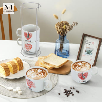 NFI essentials Set of 4 Ceramic Tea Cups With Stand Safe for the Microwave and Dishwasher Stackable Tea Cup  Printed Coffee Mugs for Gifting with Holder 150 ML - AYAHA ENTERPRISES PRIVATE LIMITED