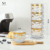NFI essentials Set of 4 Ceramic Tea Cups With Stand Safe for the Microwave and Dishwasher Stackable Tea Cup  Printed Coffee Mugs for Gifting with Holder 150 ML - AYAHA ENTERPRISES PRIVATE LIMITED