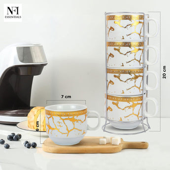 NFI essentials Set of 4 Ceramic Tea Cups With Stand Safe for the Microwave and Dishwasher Stackable Tea Cup  Printed Coffee Mugs for Gifting with Holder 150 ML - AYAHA ENTERPRISES PRIVATE LIMITED