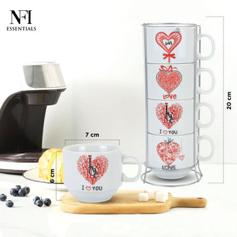 NFI essentials Set of 4 Ceramic Tea Cups With Stand Safe for the Microwave and Dishwasher Stackable Tea Cup  Printed Coffee Mugs for Gifting with Holder 150 ML - AYAHA ENTERPRISES PRIVATE LIMITED