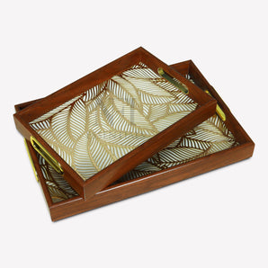 NFI essentials Set of 2 MDF Wooden Tray, Rectangle Enamel Coated Serving Trays for Breakfast, Snacks, (16x11 & 13x9 inch) Dinning Table Decorative Tray for Home & Kitchen