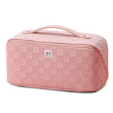 NFI essentials Cosmetic Travel Organizer Bag, Women's Makeup Pouch Toiletry Bag Portable Leather Wide Opening Cosmetics Bag with Handle and Divider - AYAHA ENTERPRISES PRIVATE LIMITED