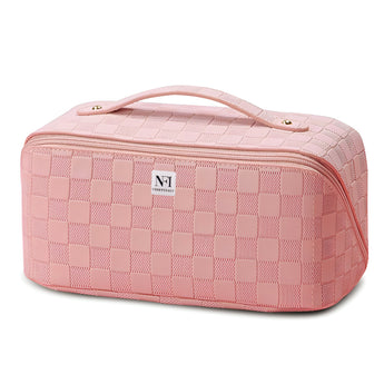 NFI essentials Cosmetic Travel Organizer Bag, Women's Makeup Pouch Toiletry Bag Portable Leather Wide Opening Cosmetics Bag with Handle and Divider - AYAHA ENTERPRISES PRIVATE LIMITED