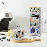NFI essentials Set of 4 Ceramic Tea Cups With Stand Safe for the Microwave and Dishwasher Stackable Tea Cup  Printed Coffee Mugs for Gifting with Holder 150 ML - AYAHA ENTERPRISES PRIVATE LIMITED