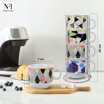 NFI essentials Set of 4 Ceramic Tea Cups With Stand Safe for the Microwave and Dishwasher Stackable Tea Cup  Printed Coffee Mugs for Gifting with Holder 150 ML - AYAHA ENTERPRISES PRIVATE LIMITED