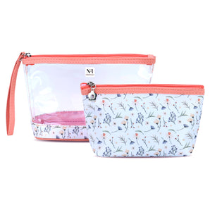 NFI essentials Set of 2 Flower Print Cosmetic Pouch Makeup Pouch Travel Organizer Toiletry Bag for Women Zippered Pouch Set with Handle, Large & Medium