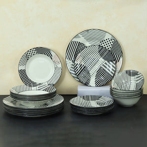 NFI essentials 24 pcs Ceramic Dinner Set for Dining with Geometric Design Microwave and Dishwasher Safe Crockery Set Quality Porcelain  6 Dinner Plates, 6 Quarter Plate, 6 Salad Plate & 6 Set Of Bowls