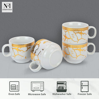 NFI essentials Set of 4 Ceramic Tea Cups With Stand Safe for the Microwave and Dishwasher Stackable Tea Cup  Printed Coffee Mugs for Gifting with Holder 150 ML - AYAHA ENTERPRISES PRIVATE LIMITED