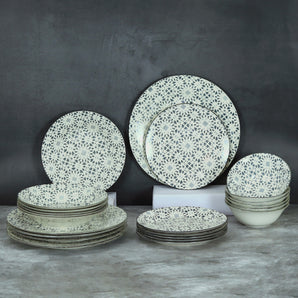 NFI essentials 24 pcs Ceramic Dinner Set for Dining Microwave & Dishwasher Safe Crockery Set Quality Porcelain Geometric Design 6 Dinner Plates, 6 Quarter Plate. 6 Salad Plate & 6 Set Of Bowls