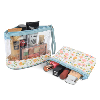 NFI essentials Set of 2 Flower Print Cosmetic Pouch Makeup Pouch Travel Organizer Toiletry Bag for Women Zippered Pouch Set with Handle, Large & Medium - AYAHA ENTERPRISES PRIVATE LIMITED