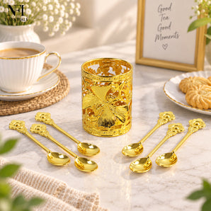 NFI essentials 6 Pc Steel Tea Coffee Spoon Set with holder, Golden Finish