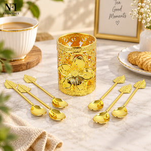 NFI essentials 6 Pc Steel Tea Coffee Spoon Set with holder, Golden Finish
