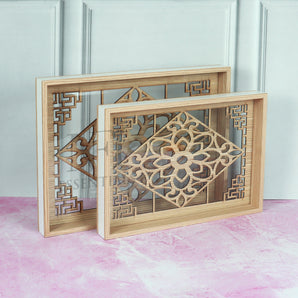 NFI essentials Set of 2 MDF Wooden Tray, Rectangle Enamel Coated Serving Trays for Breakfast, Snacks, (16x12 & 14x10 inch) Dinning Table Decorative Tray for Home & Kitchen