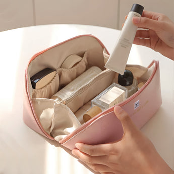 NFI essentials Cosmetic Travel Organizer Bag, Women's Makeup Pouch Toiletry Bag Portable Leather Wide Opening Cosmetics Bag with Handle and Divider - AYAHA ENTERPRISES PRIVATE LIMITED