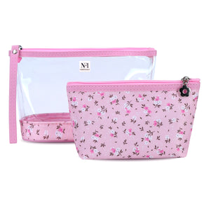 NFI essentials Set of 2 Flower Print Cosmetic Pouch Makeup Pouch Travel Organizer Toiletry Bag for Women Zippered Pouch Set with Handle, Large & Medium