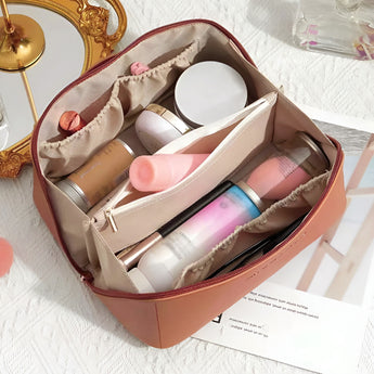 NFI essentials Cosmetic Travel Organizer Bag, Women's Makeup Pouch Toiletry Bag Portable Leather Wide Opening Cosmetics Bag with Handle and Divider - AYAHA ENTERPRISES PRIVATE LIMITED