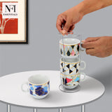 NFI essentials Set of 4 Ceramic Tea Cups With Stand Safe for the Microwave and Dishwasher Stackable Tea Cup  Printed Coffee Mugs for Gifting with Holder 150 ML - AYAHA ENTERPRISES PRIVATE LIMITED