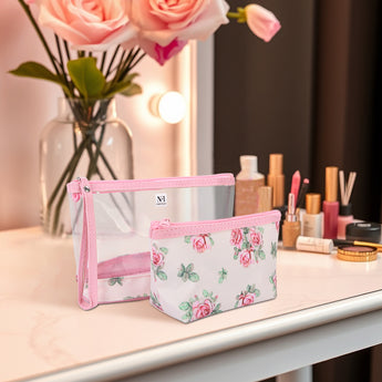 NFI essentials Set of 2 Flower Print Cosmetic Pouch Makeup Pouch Travel Organizer Toiletry Bag for Women Zippered Pouch Set with Handle, Large & Medium - AYAHA ENTERPRISES PRIVATE LIMITED