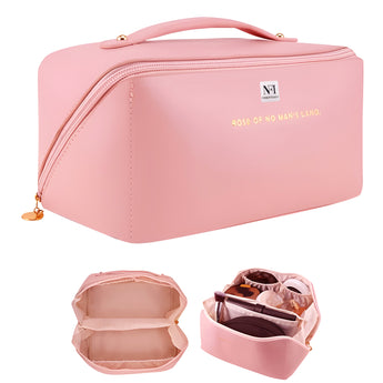 NFI essentials Cosmetic Travel Organizer Bag, Women's Makeup Pouch Toiletry Bag Portable Leather Wide Opening Cosmetics Bag with Handle and Divider - AYAHA ENTERPRISES PRIVATE LIMITED