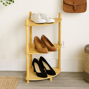 NFI essentials 3 Tier Bamboo Wood Shoe Rack MultiPurpose Foldable Rack for Storage Shoes Slipper Chappal Stand Shelf Organizer for Corner Home Kitchen Space Saving Portable Stand