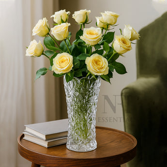 NFI essentials 10 Inches Crystal Clear Glass Vases for Flowers with Embossed Floral Design for Fresh or Artificial Flowers Decorative Centerpiece - AYAHA ENTERPRISES PRIVATE LIMITED