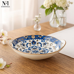 NFI essentials Ceramic Serving Platter with with Handles Blue Mandala Design for Snacks, Appetizers, Salads, and Noodles | Safe for the Microwave and Dishwasher (8.5 inch)