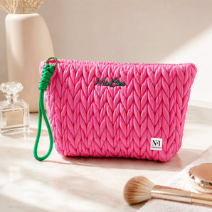 NFI essentials Premium Makeup Pouch for Women, Quilted Cosmetic Bag with Wrist Strap, Travel Toiletry Pouch for Vanity, Handbag, Multipurpose Organizer for Girls