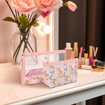 NFI essentials Set of 2 Flower Print Cosmetic Pouch Makeup Pouch Travel Organizer Toiletry Bag for Women Zippered Pouch Set with Handle, Large & Medium - AYAHA ENTERPRISES PRIVATE LIMITED