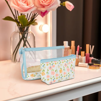NFI essentials Set of 2 Flower Print Cosmetic Pouch Makeup Pouch Travel Organizer Toiletry Bag for Women Zippered Pouch Set with Handle, Large & Medium - AYAHA ENTERPRISES PRIVATE LIMITED