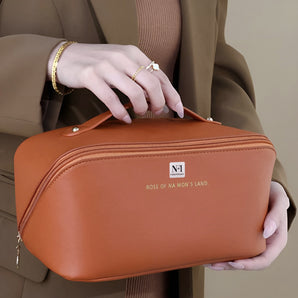 NFI essentials Cosmetic Travel Organizer Bag, Women's Makeup Pouch Toiletry Bag Portable Leather Wide Opening Cosmetics Bag with Handle and Divider - AYAHA ENTERPRISES PRIVATE LIMITED