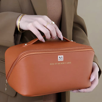 NFI essentials Cosmetic Travel Organizer Bag, Women's Makeup Pouch Toiletry Bag Portable Leather Wide Opening Cosmetics Bag with Handle and Divider - AYAHA ENTERPRISES PRIVATE LIMITED