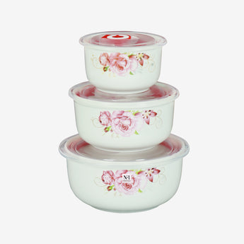 NFI essentials 3 Pcs Ribbed Ceramic Bowl Set with Airtight Lids Ideal for Food Storage, Serving, and Meal Prep Microwave Safe, Freezer Safe, Dishwasher Safe (Large- 800ml,Meduim- 500ml & Small- 280ml) - AYAHA ENTERPRISES PRIVATE LIMITED