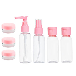 NFI essentials Travel Bottles for Toiletries Pack of 7 Set, Refillable Small Leak Proof Containers for Travelling Accessories & Essentials, Toiletry Bottles with Lid for Shampoo, Body Lotion, Handwash