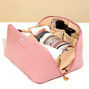 NFI essentials Cosmetic Travel Organizer Bag, Women's Makeup Pouch Toiletry Bag Portable Leather Wide Opening Cosmetics Bag with Handle and Divider - AYAHA ENTERPRISES PRIVATE LIMITED