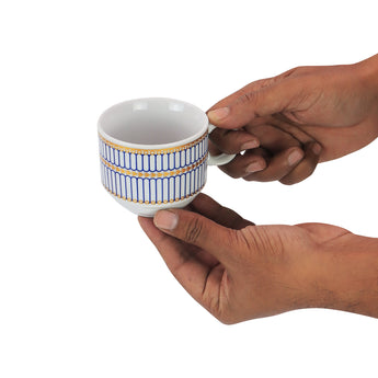 NFI essentials Set of 4 Ceramic Tea Cups With Stand Safe for the Microwave and Dishwasher Stackable Tea Cup  Printed Coffee Mugs for Gifting with Holder 150 ML - AYAHA ENTERPRISES PRIVATE LIMITED