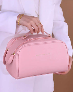 NFI essentials Cosmetic Travel Organizer Bag, Women's Makeup Pouch Toiletry Bag Portable Leather Wide Opening Cosmetics Bag with Handle and Dual Zipper