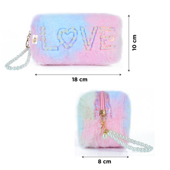 NFI essentials Fur Makeup Cosmetic Pouch Vanity Case Jewellery Pouch for Womens Stationery Pencil Case Travel Organiser Zipper Pouch Bag with Detachable Handle - AYAHA ENTERPRISES PRIVATE LIMITED