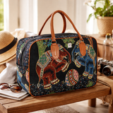 Handcrafted embroidered elephant tapestry travel bag with leather handles
